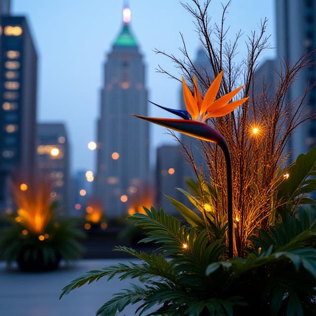 Sleek modern floral installation for a rooftop event